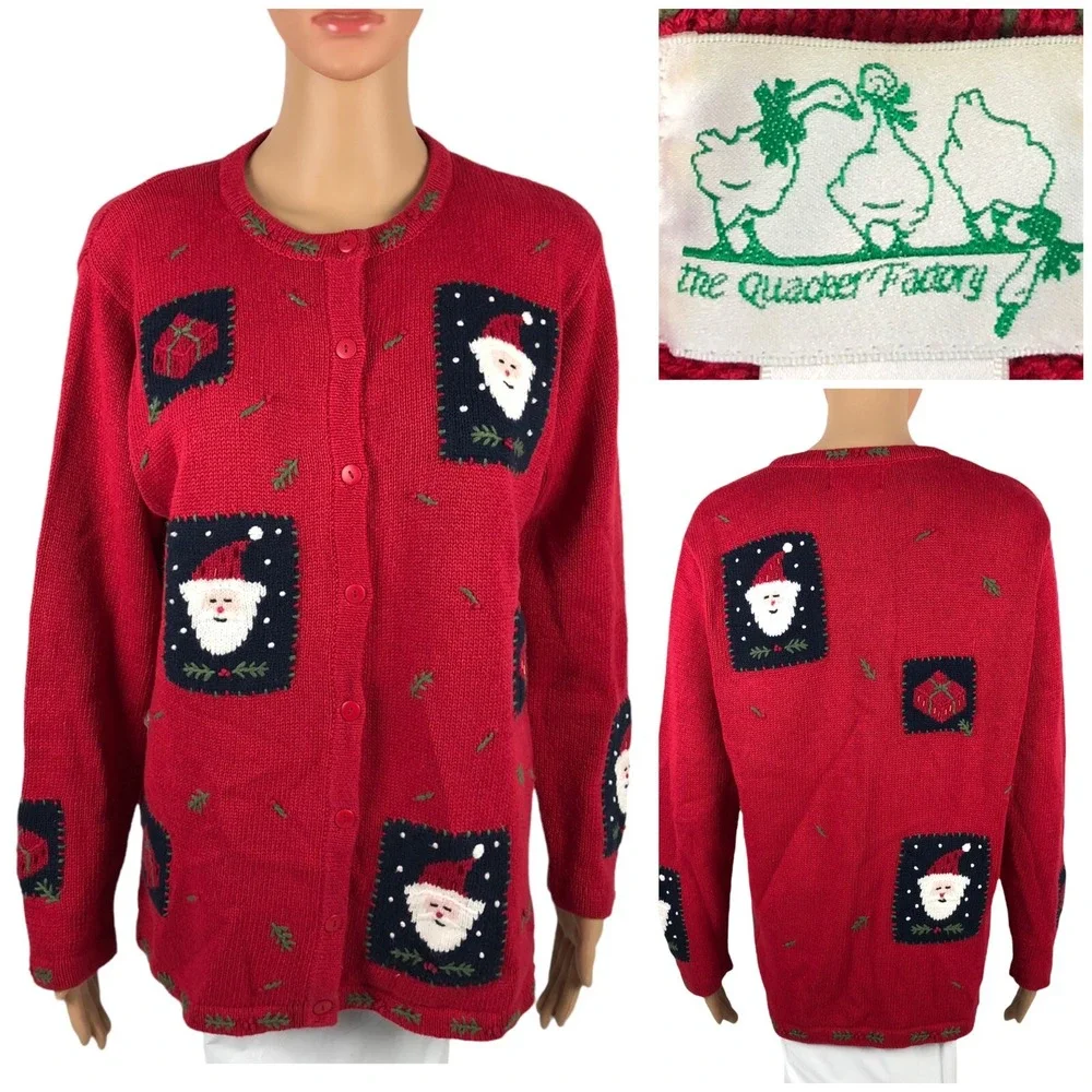The Quacker Factory Womens Medium Red Ugly Christmas Cardigan Sweater Santa